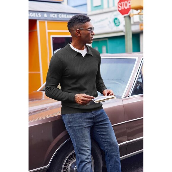 Men's Knit Polo Sweater V-Neck Long Sleeve Dress Pullover Fall Sweater Black - Picture 4 of 5